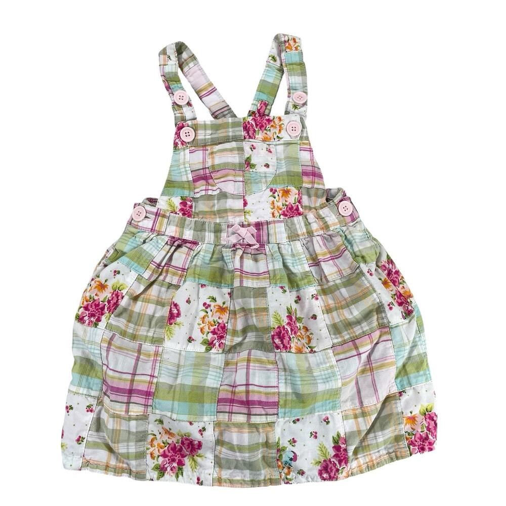 VTG Baby Gap Patchwork Madras Plaid Floral Overall Sundress Sz 12-18 Mos Preppy